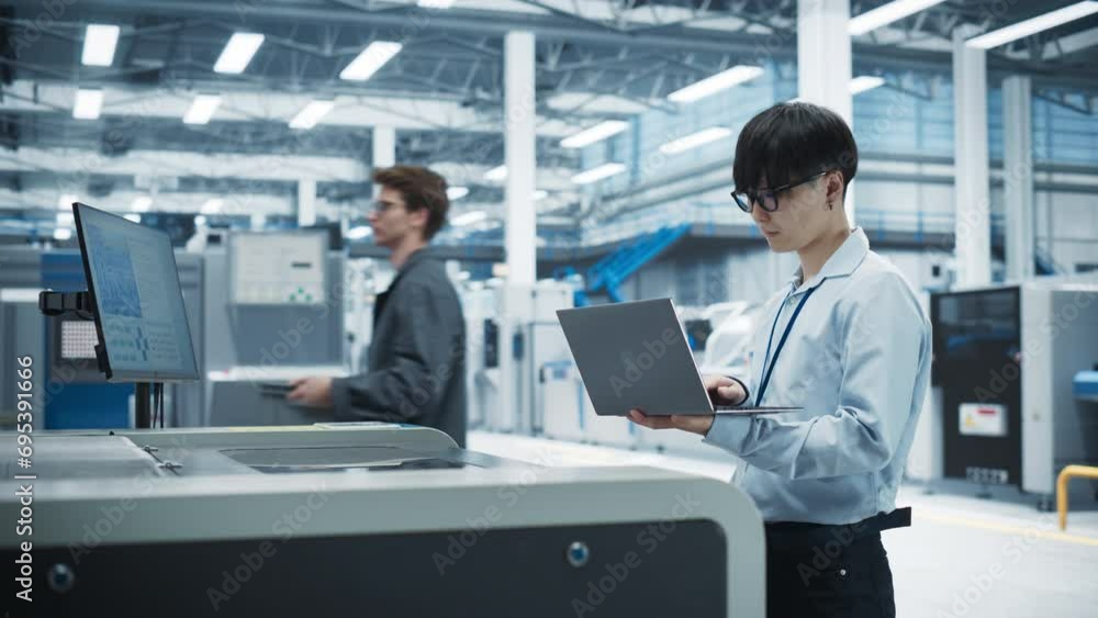 Leinwandbilder Asian Male Engineer Using Laptop Computer To Control Soldering Jet Printer On Electronics Factory. Man Working On Production Of Innovative Printed Circuit Boards For Artificial Intelligence Systems.