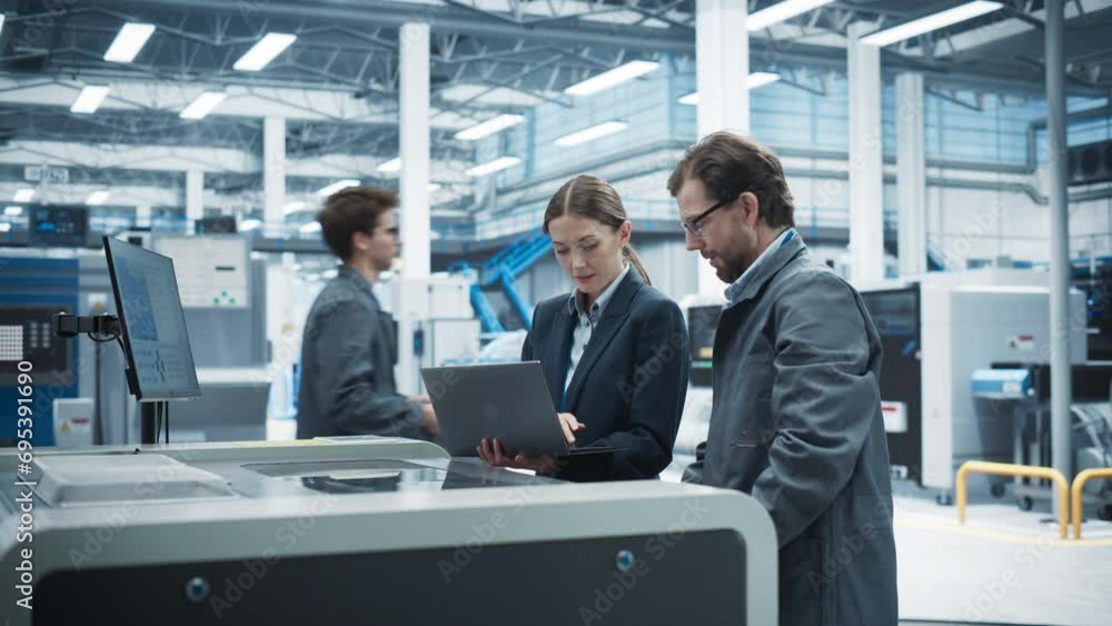 Poster male technician and female businesswoman using laptop computer in modern electronics factory. caucas