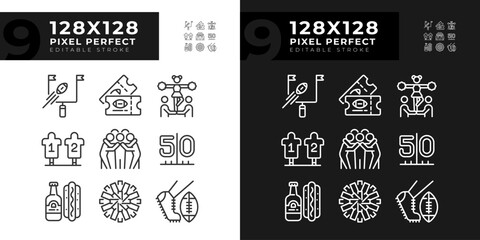 Game day linear icons set for dark, light mode. Cheerleading. Goal and kickoff. Team spirit. American football match. Thin line symbols for night, day theme. Isolated illustrations. Editable stroke