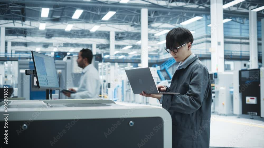 Leinwandbilder asian male industrial engineer using laptop to control soldering jet printer on electronics factory.