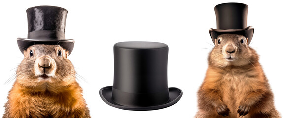 Set/collection of marmots in a hat. Groundhog in front. Portrait of a marmot in a black cylinder. Black hat. Groundhog Day. Isolated on transparent background.