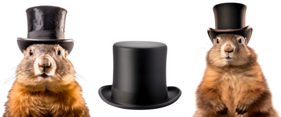 Set/collection of marmots in a hat. Groundhog in front. Portrait of a marmot in a black cylinder. Black hat. Groundhog Day. Isolated on transparent background.