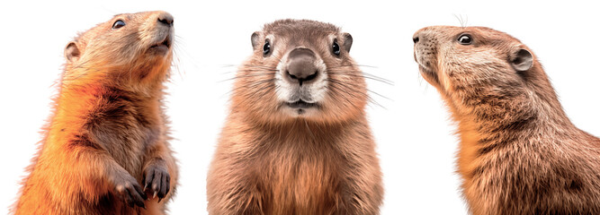 Set/collection of marmots close up. Groundhog in front. Portrait of a groundhog. Marmot in profile. Isolated on transparent background.