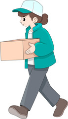 Delivery girl in green uniforms walk cheerfully carrying customer packages