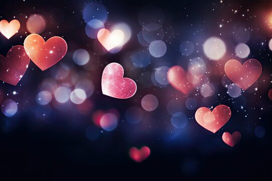 Heart shaped bokeh lights on the dark abstract background for Valentine's Day 