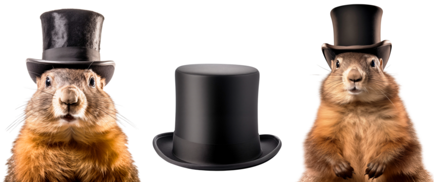 Set/collection of marmots in a hat. Groundhog in front. Portrait of a marmot in a black cylinder. Black hat. Groundhog Day. Isolated on transparent background.