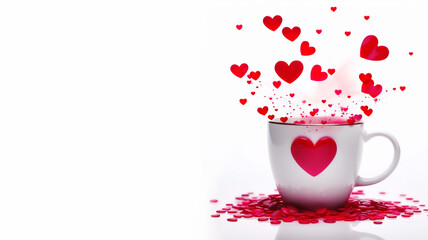 White ceramic mug with red hearts on a white background