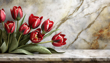 Bukiet czerwonych Tulipanów na marmurowym blacie. Dekoracja, tapeta. Generative AI - obrazy, fototapety, plakaty