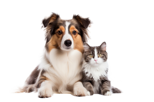 Portrait of Happy dog and cat that looking at the camera together isolated on transparent background, friendship between dog and cat, amazing friendliness of the pets. - Powered by Adobe