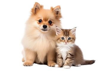 Portrait of Happy dog and cat that looking at the camera together isolated on transparent...