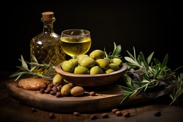  a wooden bowl filled with green olives next to a bottle of olive oil and a bowl of olives on a wooden cutting board with olives and nuts.