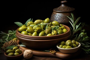  a wooden bowl filled with green olives next to a bowl of nuts and a small bowl of green olives on a wooden table next to a wooden spoon.