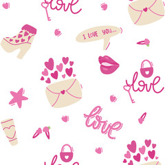 Love doodle pink seamless pattern. Valentines day