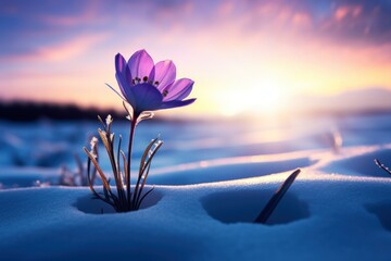  a purple flower sitting in the middle of a snow covered field with the sun setting in the background and a purple and blue sky in the middle of the picture.