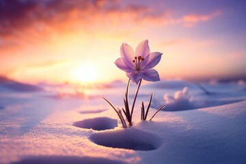  a pink flower sitting in the middle of a snow covered field with the sun setting in the distance...