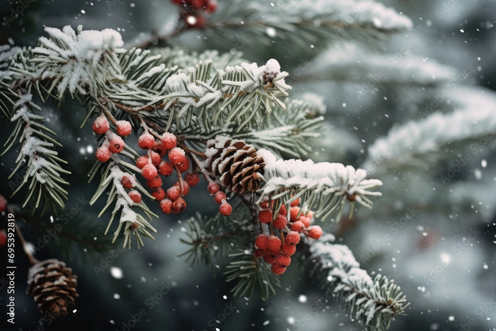 Poster a close up of a pine tree with red berries and pine cones on it's branches with snow falling on the 