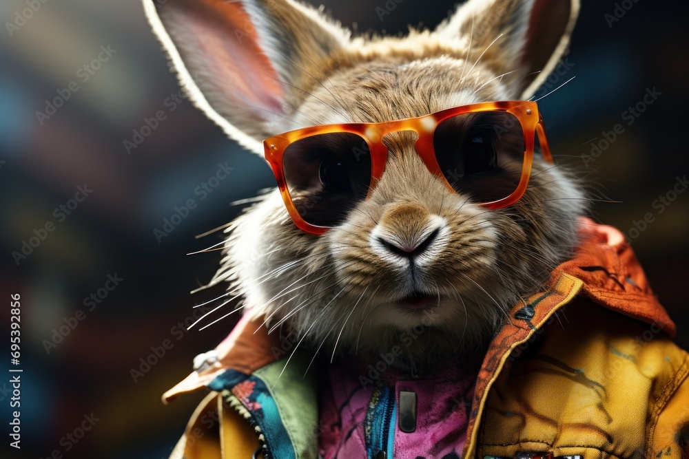 Poster a close up of a rabbit wearing a jacket and sunglasses with a jacket on it's head and a jacket on it