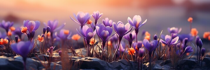 Spring Background Flowering Violet Crocuses Flower , Banner Image For Website, Background, Desktop Wallpaper