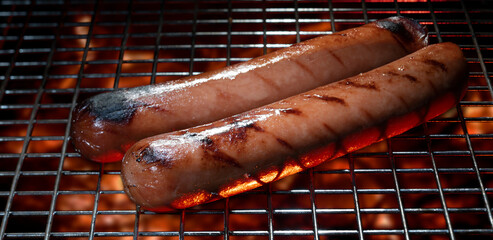 Pair of hot dogs cooking over a grill with warm coals