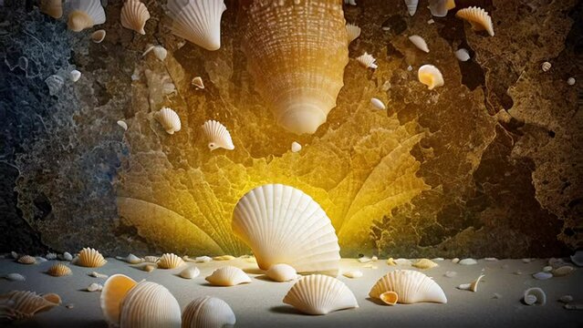 Seashells are scattered across a sandy surface with a large, central shell illuminated from behind, creating a dramatic and warm glow, invoking a sense of marine life and natural treasures of the sea