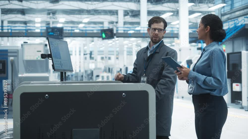 Aufkleber caucasian male industrial engineer and hispanic female manager using tablet and talking at electroni