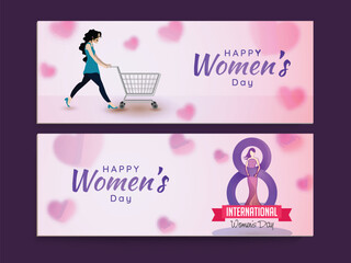 Set of 8 March, Happy Women's Day Celebration Banner or Header Design in Pastel Pink Color.