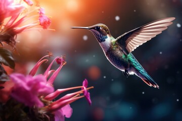  a hummingbird flying over a pink flower in the air with it's wings wide open and wings wide open, with a blurry background of pink flowers in the foreground.
