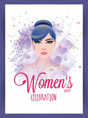 Women's Day Celebration Concept with Illustration of Young Woman Face, Leaves, Hearts on Abstract White Background.