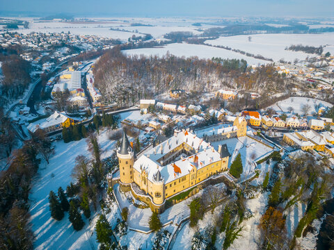 Zleby Castle in sunny winter day. Czechia. Aerial view from drone.