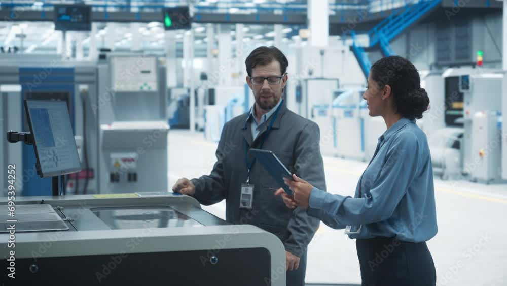 Aufkleber Caucasian Male Chief Engineer And Hispanic Female Supervisor Using Tablet And Talking At Electronics Factory. Man Using Soldering Jet Printer, Explaining Process Behind Production Of Circuit Boards.