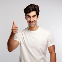 Naklejka premium Happy Man Giving Thumbs Up in White T-Shirt