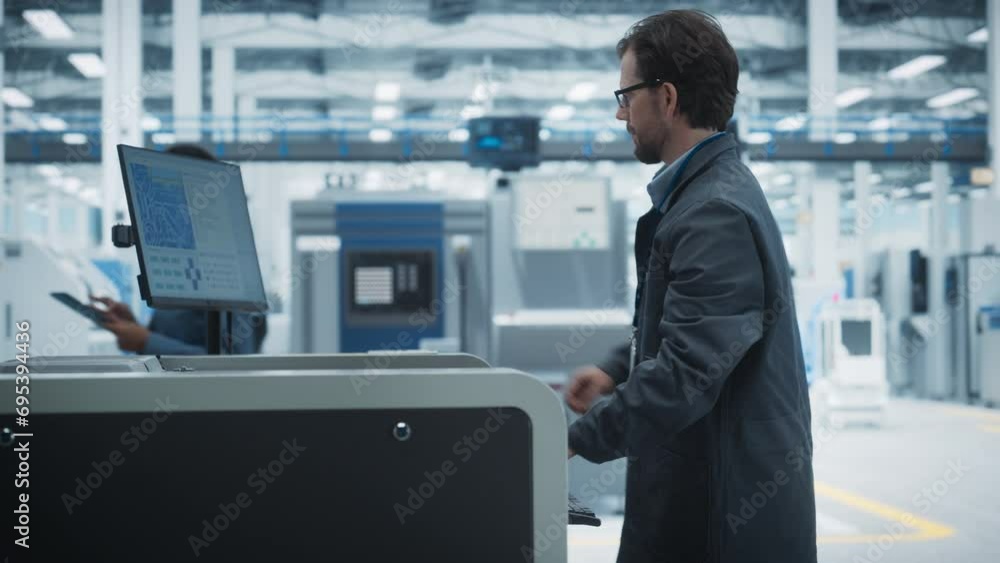 Fototapete Caucasian Male Assembly Line Worker Using Soldering Jet Printer For Production Of Circuit Boards At Autonomous Factory. Man Working On Computer Parts For High-Tech Artificial Intelligence Systems.