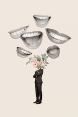 Vertical bizarre photo collage of women mouths smile laugh headless man admirer with flower bouquet...