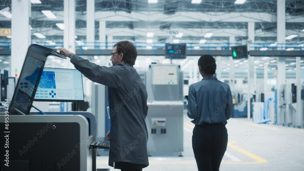Fototapete Caucasian Male Assembly Line Worker Using Soldering Jet Printer For Production Of Printed Circuit Boards At Autonomous Factory. Man Working On Computer Parts For High-Tech Machine Learning Systems.