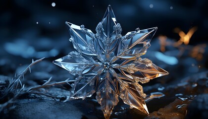crystal snowflake on dark background, panoramic shot, banner