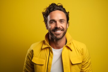 Fototapeta premium Portrait of a smiling man in his 30s wearing a chic cardigan against a soft yellow background. AI Generation
