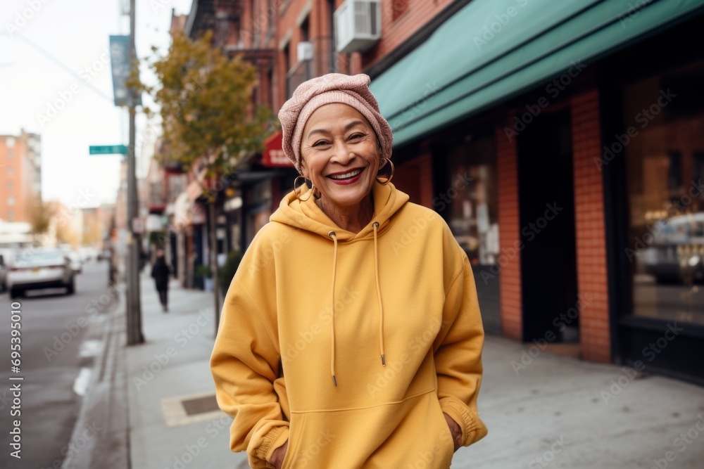 Wall mural Portrait of a glad indian woman in her 60s sporting a comfortable hoodie against a soft yellow background. AI Generation