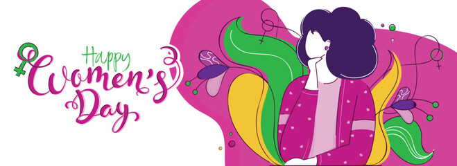Obraz na płótnie Canvas Happy Women's Day Celebration Banner or Header Design with Cartoon Young Woman Character, Female Gender Sign on White and Magenta Pink Background.