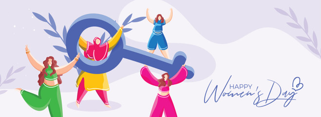 Happiness Young Women Characters of Different Religion Together and Female Gender Sign on the Occasion of Happy Women's Day. Advertising Banner or Header Design.