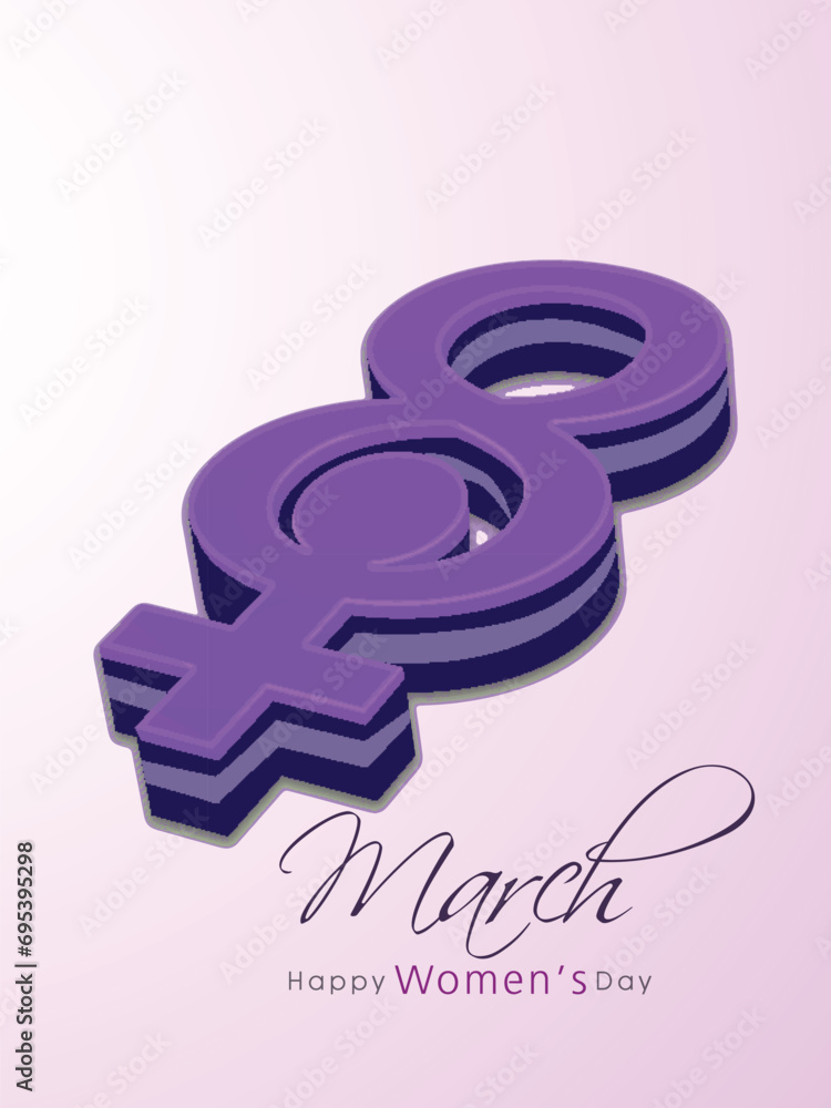 Poster March of 3D Purple 8 Number with Female Gender Symbol Against Background for Happy Women's Day Concept. Can Be Used as Greeting Card.