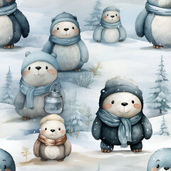 snowy Fairytale Forest and Frosty Animal Friends Seamless Digital Paper,  Winter Seamless Patterns , Winter Seamless Digital Paper  ,  snowy Seamless Patterns  , bears  , generative AI illustration