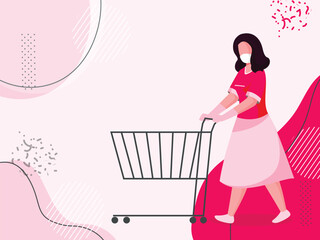Fototapeta premium Illustration of Cartoon Young Woman Wearing a Mask While Holding a Trolley on White and Pink Background with Copy Space.