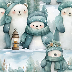 snowy Fairytale Forest and Frosty Animal Friends Seamless Digital Paper,  Winter Seamless Patterns , Winter Seamless Digital Paper  ,  snowy Seamless Patterns  , bears  , generative AI illustration