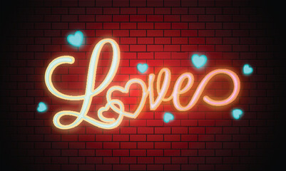 Glowing Neon Light Font of Stylish Love with Hearts on Shiny Red Brick Wall.