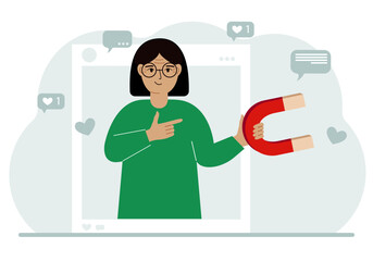 Social media influencer. A woman holds a magnet in a social profile frame. Various icons.