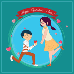 Happy Valentine's Day Greeting Card Design with Illustration of Cute Boy Proposing to Girl with Flying Hearts against Pastel Background.