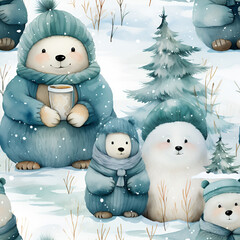 snowy Fairytale Forest and Frosty Animal Friends Seamless Digital Paper,  Winter Seamless Patterns , Winter Seamless Digital Paper  ,  snowy Seamless Patterns  , bears  , generative AI illustration