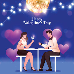 Cartoon Character of A Young Couple Sitting on Table with Drink Glass at Decor with Hearts and String Lights for Happy Valentine's Day Concept.