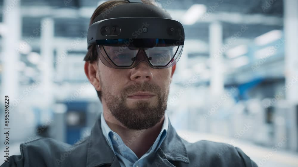 Poster Close Up Portrait Of Caucasian Male Engineer Wearing Augmented Reality Headset, Controlling Autonomous Production At Electronics Factory. Man Using Gestures To Configure Assembly Line of New Devices.