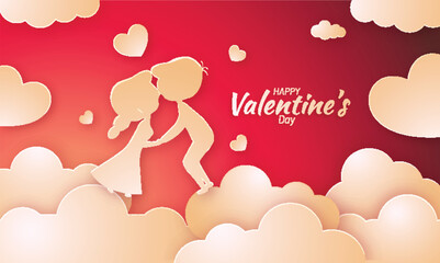 Happy Valentine's Day Greeting Card, Paper Cut Illustration of Kids Couple Kissing Each Other and Golden Clouds Decorated on Red Background.